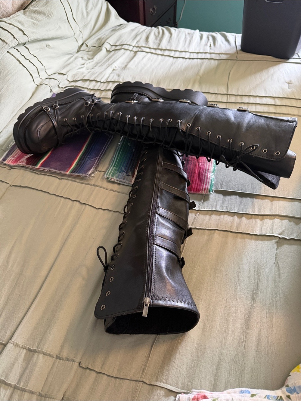 Black Thigh-High Platform Lace-Up Combat Boots - Picture 4 of 6